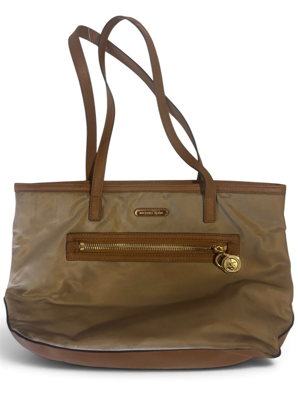 Michael Kors Tan and Brown Tote with Front Zip and Logo Charm